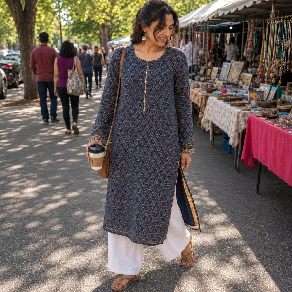 Vintage Y2K Women's South Asian Kurta Kameez Tunic Navy Gold Beaded Lined